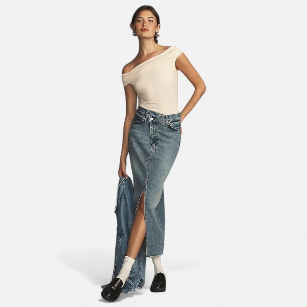 Reformation Nila Asymmetric Wrap Denim Midi Skirt‎ Front Split Sz 24 NWT